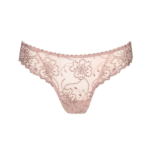 Flat lay of the Jane Thong Brief by The Foundation showing detailed floral embroidery on sheer fabric