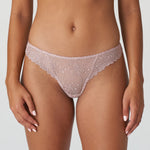 Front view of the Jane Thong Brief in Bois De Rose from The Foundation, featuring sheer floral embroidery and soft lace finish.