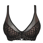 Flat lay of PrimaDonna Vya Plunge Bra in Black, featuring embroidered tulle overlay and deep plunge cups.
