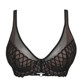 Flat lay of PrimaDonna Vya Plunge Bra in Black, featuring embroidered tulle overlay and deep plunge cups.