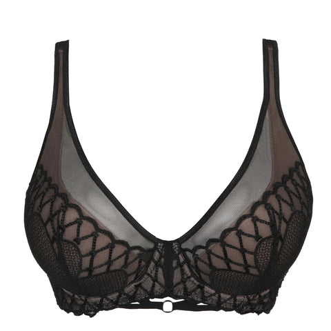Flat lay of PrimaDonna Vya Plunge Bra in Black, featuring embroidered tulle overlay and deep plunge cups.