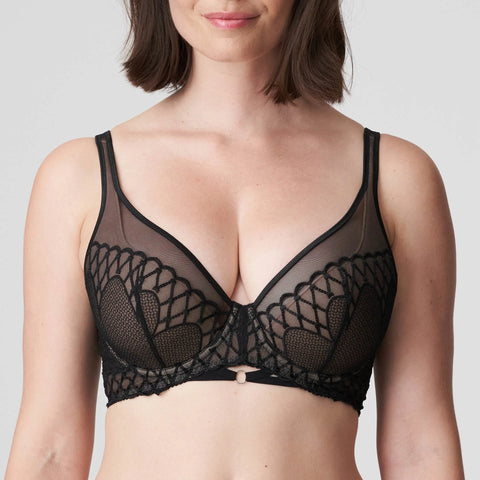PrimaDonna Vya Plunge Bra in Black, shown on model with sheer embroidered tulle and deep plunge neckline.