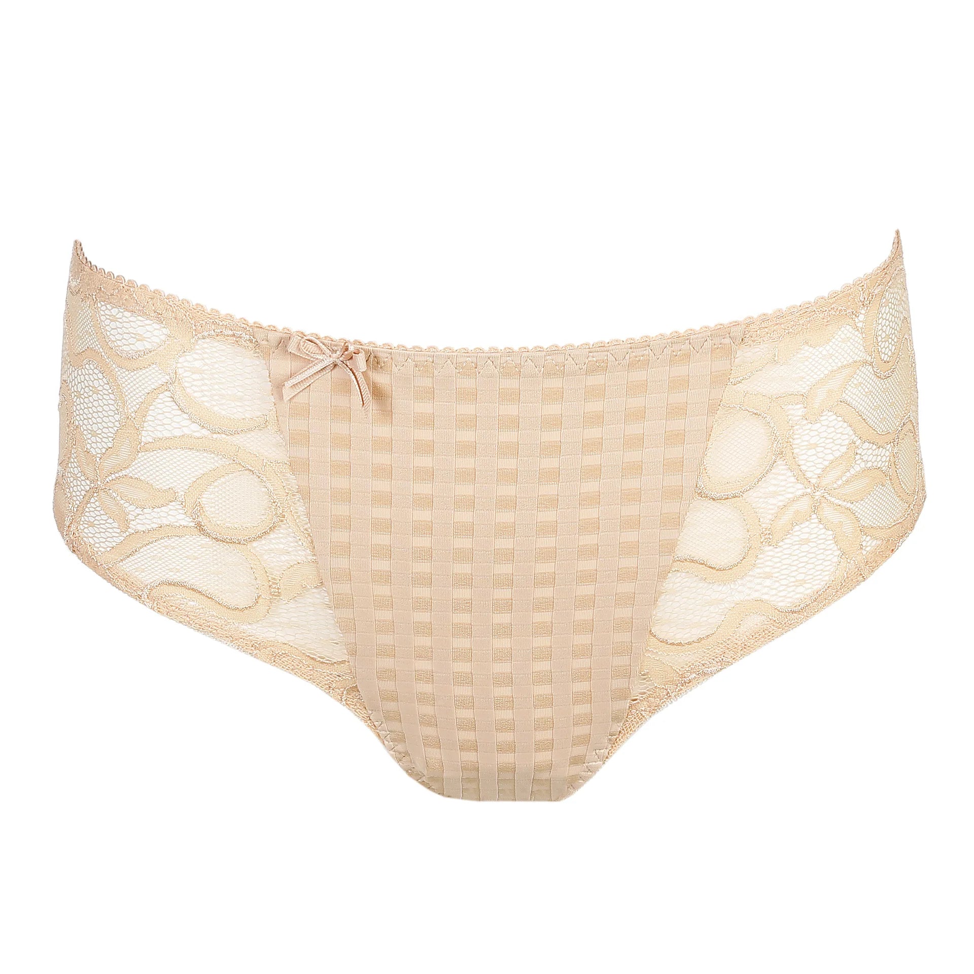 PrimaDonna Madison Full Brief in Café Latte from The Foundation, with gingham fabric, lace sides, and high-waist full coverage.