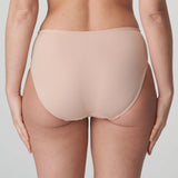 Model wearing PrimaDonna Madison Full Brief in Café Latte from The Foundation, with gingham fabric, lace sides, and high-waist full coverage. back view