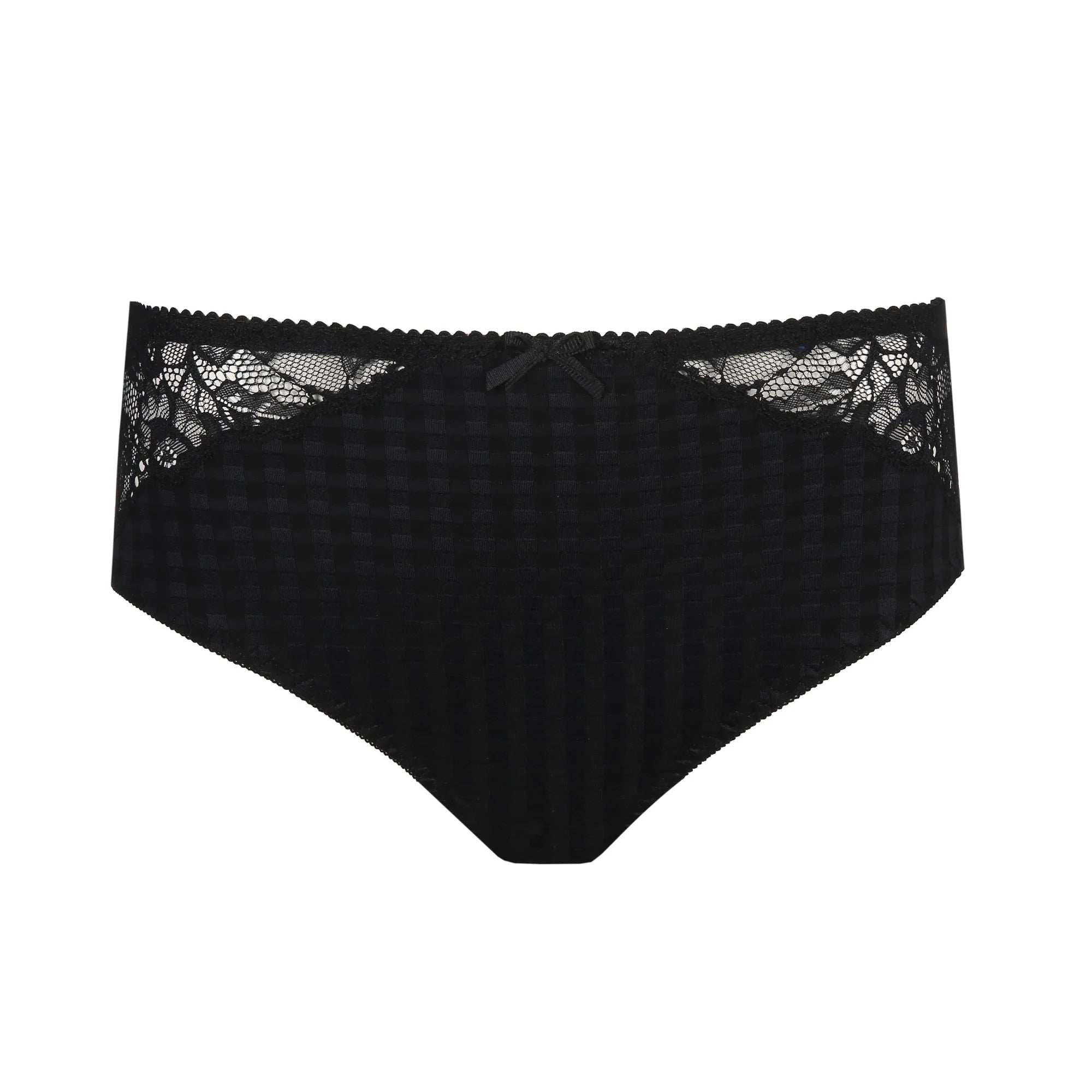 Flat lay of Madison Full Brief Lace Back in Black with gingham check front and full-coverage shape.