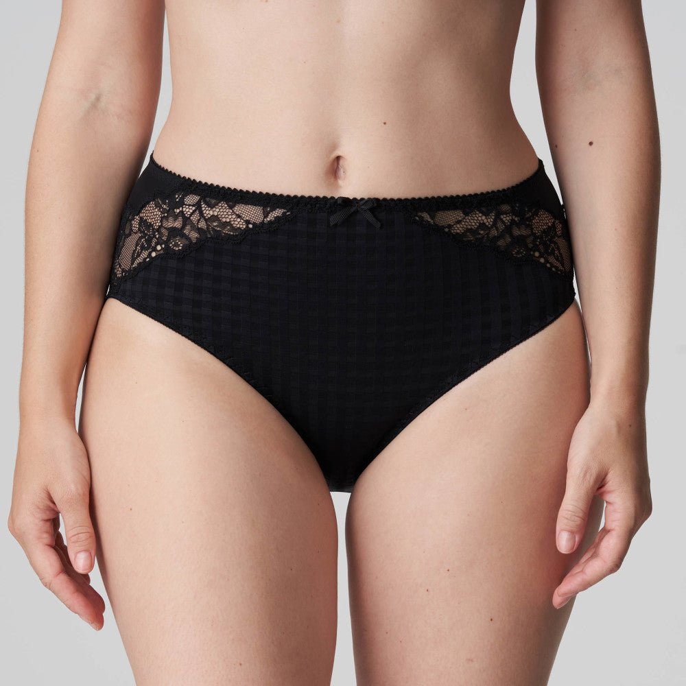 PrimaDonna Madison Full Brief Lace Back in Black, featuring gingham texture and high-waist fit with smooth front panel.