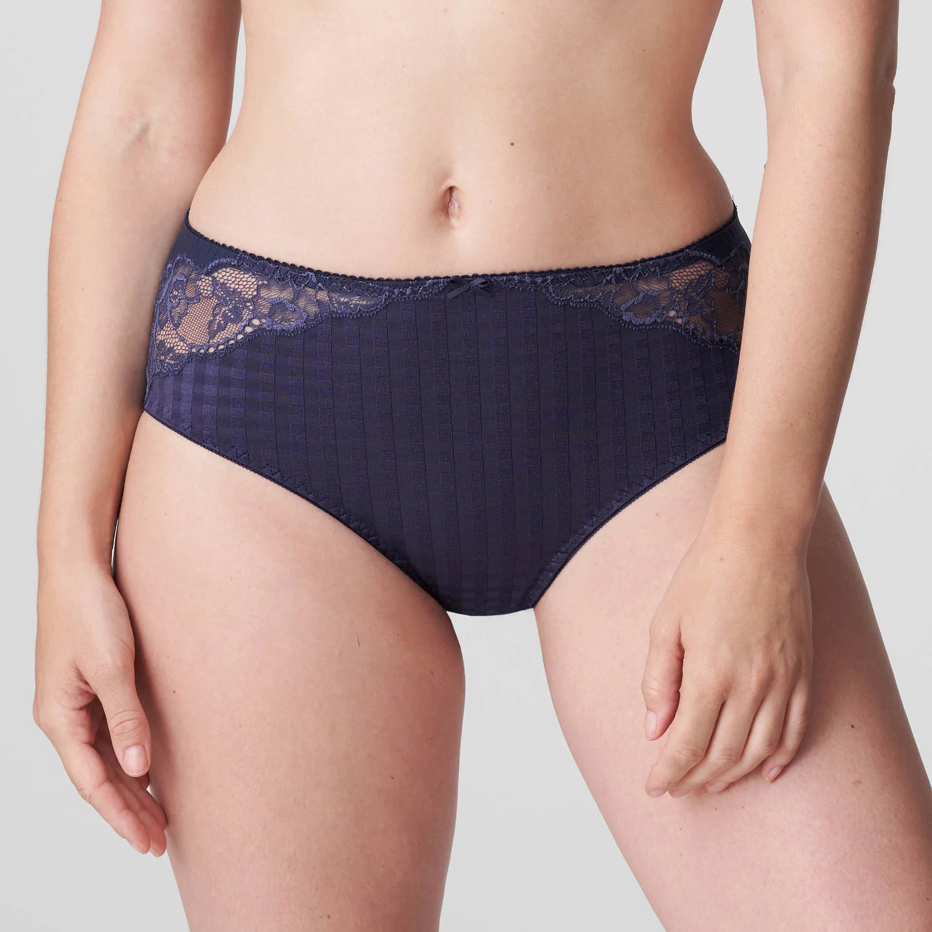 PrimaDonna Madison Full Brief Lace Back in Blue Bijou, worn by model, showing high-waist gingham check front and lace trim.