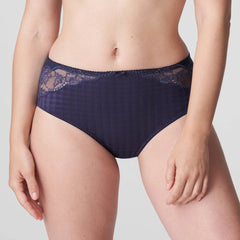 PrimaDonna Madison Full Brief Lace Back in Blue Bijou, worn by model, showing high-waist gingham check front and lace trim.