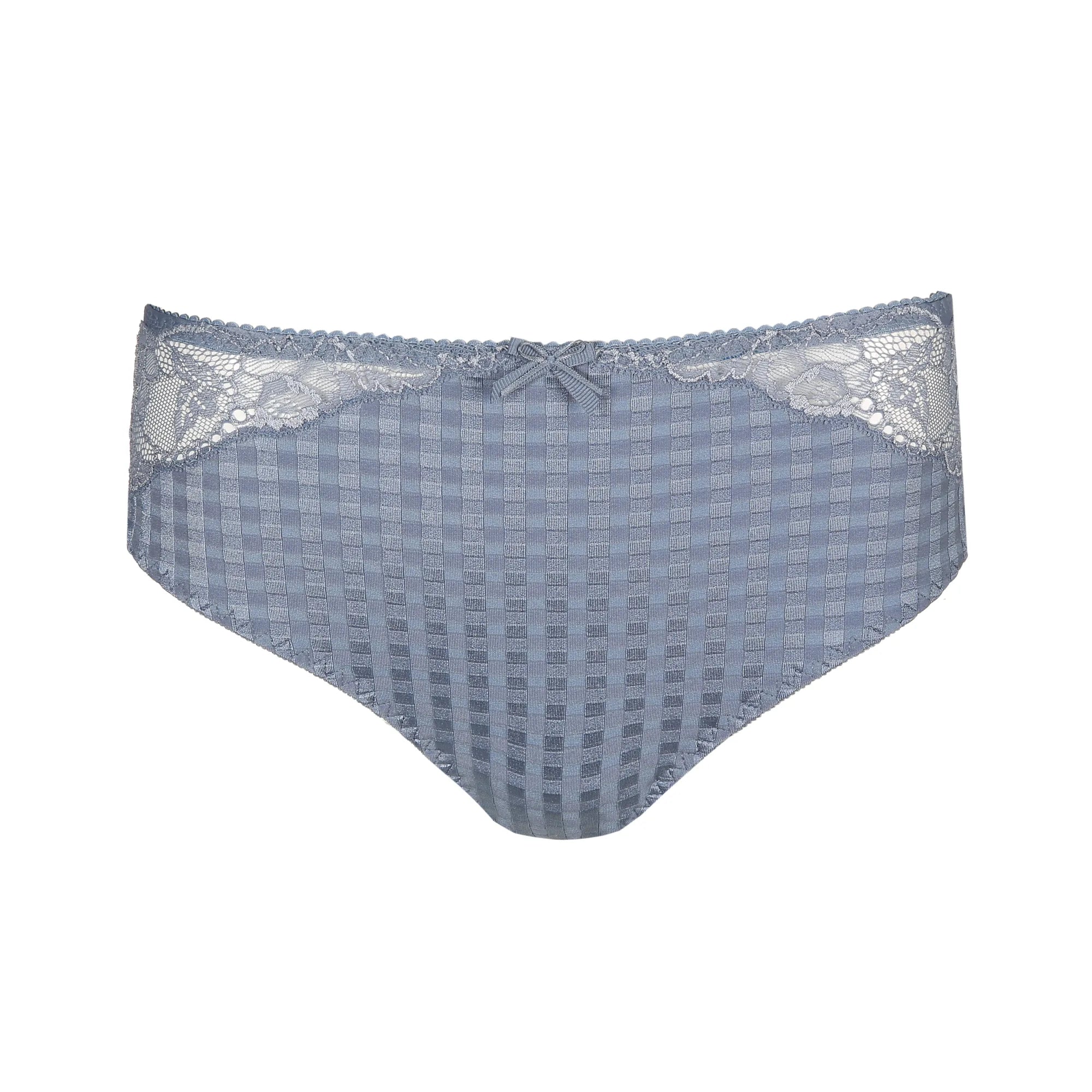 Flat lay of Madison Full Brief in Atlantic Blue, showing gingham panel and high-rise shape.