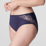 Side view of Madison Lace Back Brief in Blue Bijou, highlighting curve-hugging fit and soft stretch waistband.