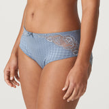 Side view of PrimaDonna Madison Full Brief Lace Back in Atlantic Blue, worn by model, featuring gingham check fabric and scalloped lace trim.