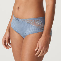 Side view of PrimaDonna Madison Full Brief Lace Back in Atlantic Blue, worn by model, featuring gingham check fabric and scalloped lace trim.
