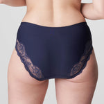 Back view of Madison Full Brief in Blue Bijou with sheer floral lace wrapping across the hips and bottom.