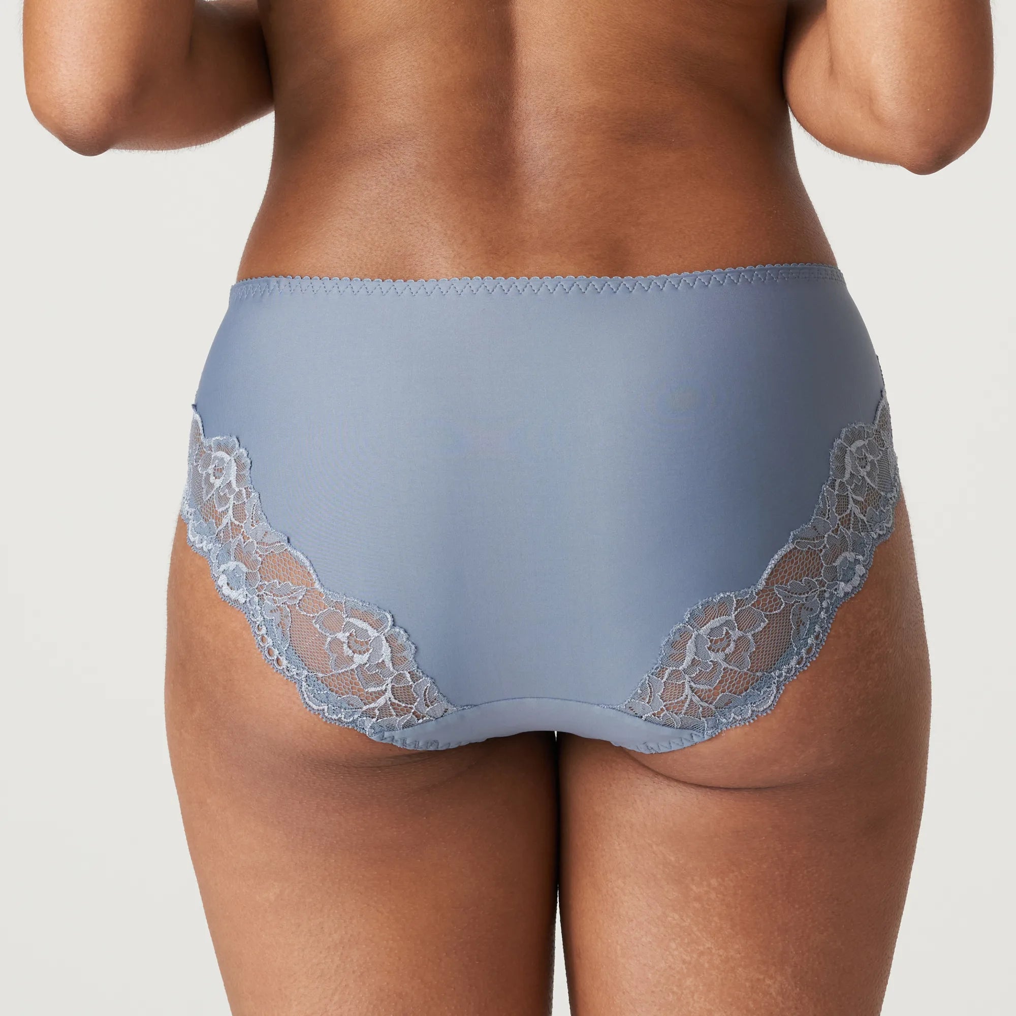 Back view of Madison Lace Back Brief in Atlantic Blue with luxurious sheer lace detail and full coverage fit