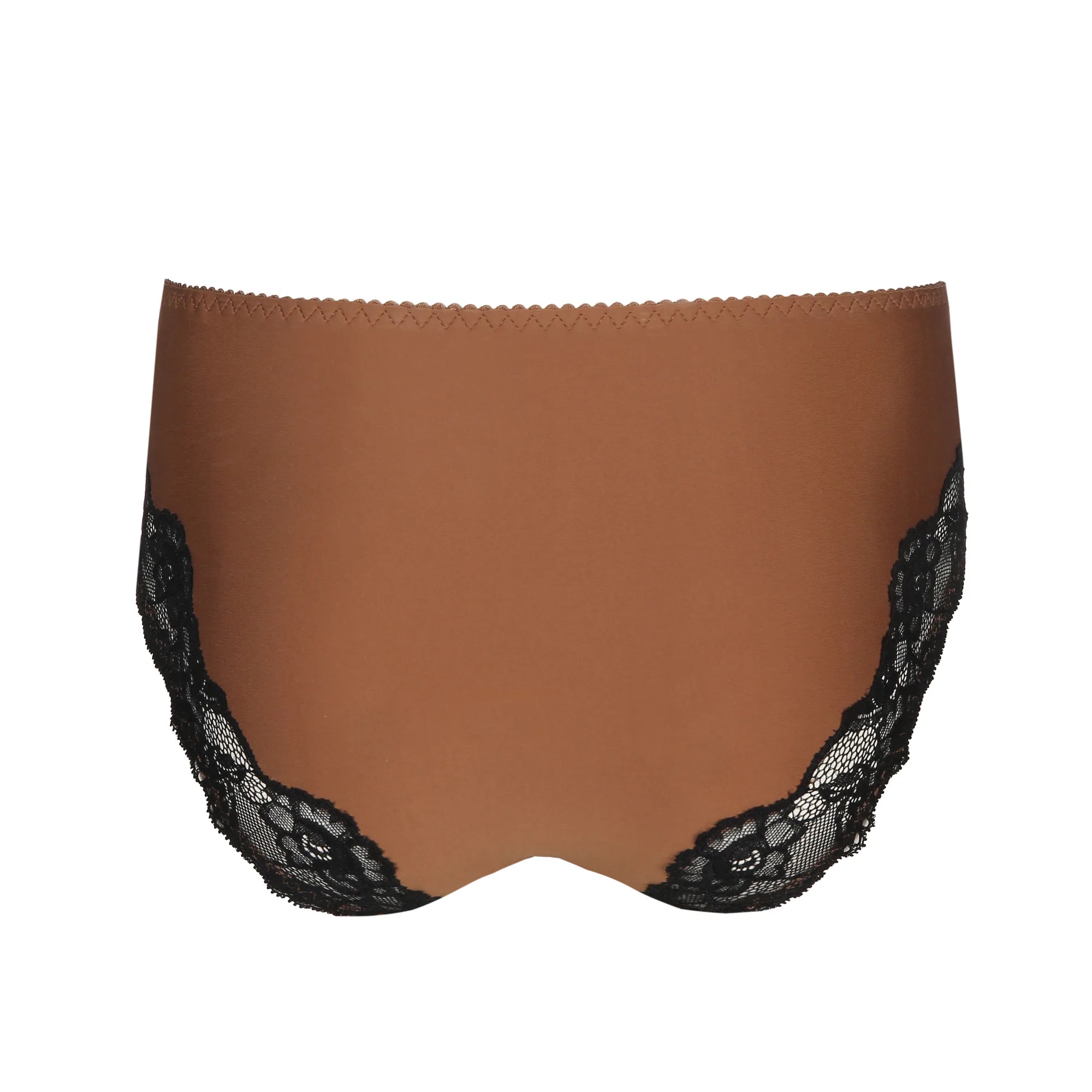 Rear flatlay of the Madison Full Brief Lace Back in bronze from The Foundation, with focus on the lace trim wrapping around the bottom.
