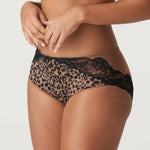 side view of A model wearing the Madison Full Brief Lace Back in bronze from The Foundation, featuring gingham fabric and high-waisted fit.