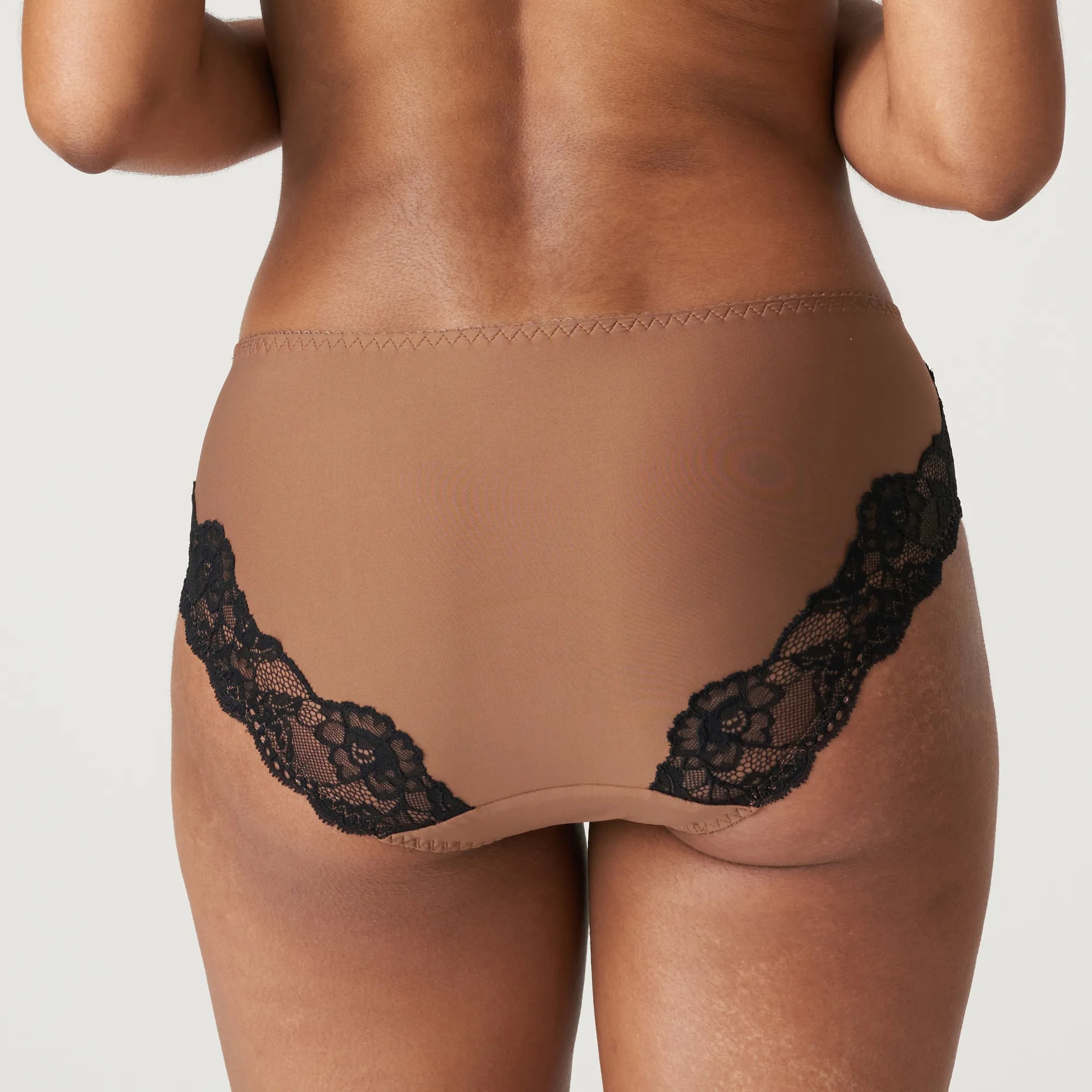 Back view of the Madison Lace Back Brief in bronze from The Foundation, highlighting the luxurious lace detail