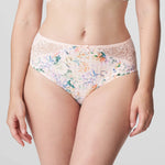 Model in PrimaDonna Madison Full Brief Lace Back in Pink Diamond from The Foundation, featuring floral gingham print and lace-wrapped back. front view