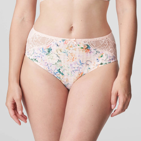 Model in PrimaDonna Madison Full Brief Lace Back in Pink Diamond from The Foundation, featuring floral gingham print and lace-wrapped back. front view