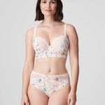 Model in PrimaDonna Madison Full Brief Lace Back in Pink Diamond from The Foundation, featuring floral gingham print and lace-wrapped back.