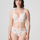 Model in PrimaDonna Madison Full Brief Lace Back in Pink Diamond from The Foundation, featuring floral gingham print and lace-wrapped back.