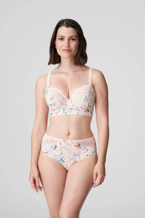 Model in PrimaDonna Madison Full Brief Lace Back in Pink Diamond from The Foundation, featuring floral gingham print and lace-wrapped back.