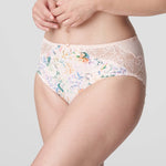 Model in PrimaDonna Madison Full Brief Lace Back in Pink Diamond from The Foundation, featuring floral gingham print and lace-wrapped back. side view