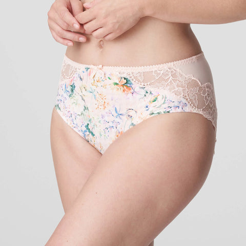 Model in PrimaDonna Madison Full Brief Lace Back in Pink Diamond from The Foundation, featuring floral gingham print and lace-wrapped back. side view
