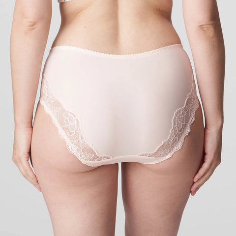 Model in PrimaDonna Madison Full Brief Lace Back in Pink Diamond from The Foundation, featuring floral gingham print and lace-wrapped back. back view