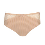 Front flat lay of Madison Full Brief in Café Latte, featuring gingham texture – The Foundation.