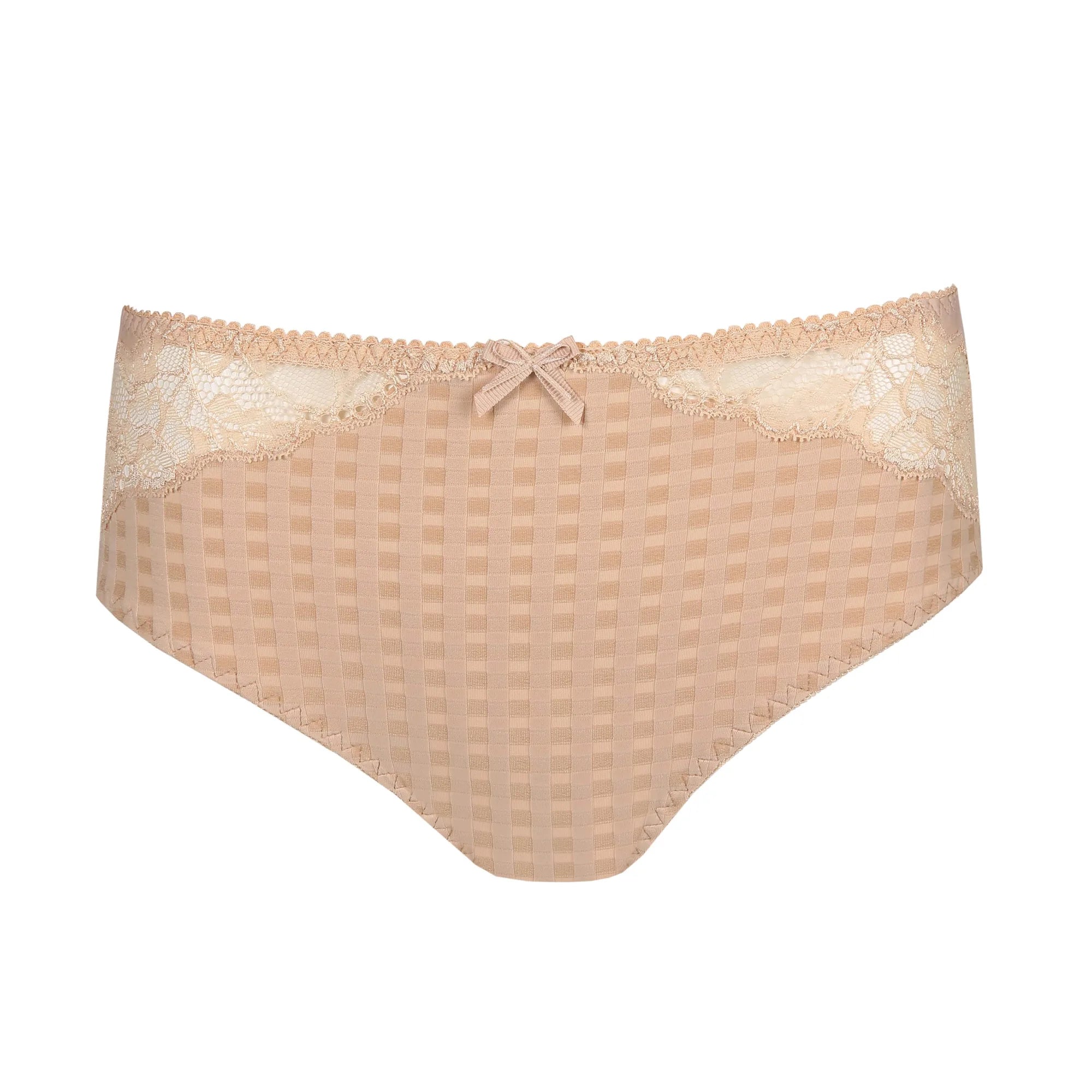 Front flat lay of Madison Full Brief in Café Latte, featuring gingham texture – The Foundation.