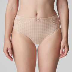 front view of Model wearing PrimaDonna Madison Full Brief Lace Back in Café Latte, available at The Foundation.