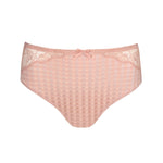 Flat lay of full brief in Powder Rose gingham and lace—The Foundation