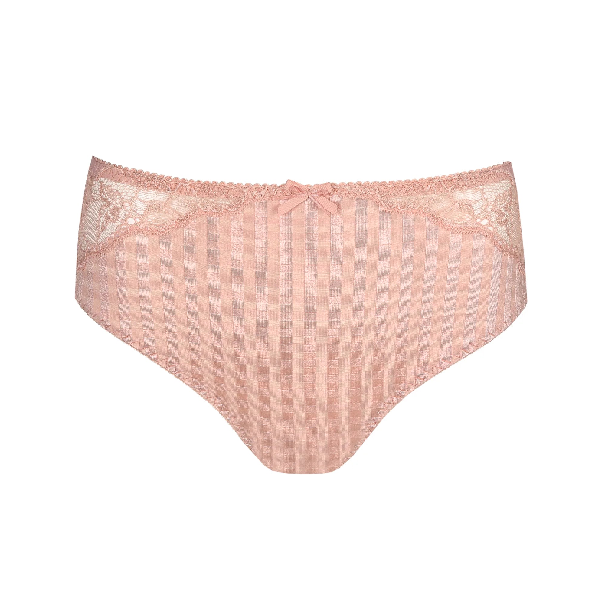 Flat lay of full brief in Powder Rose gingham and lace—The Foundation