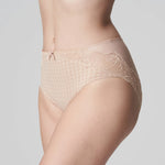 Side view of high-waisted Madison Full Brief with gingham print and lace trim at The Foundation.