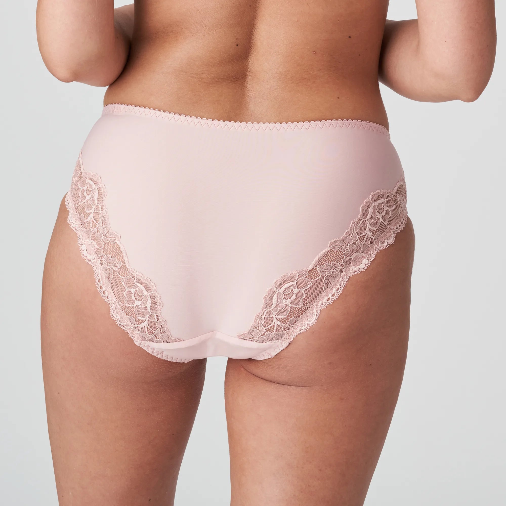 back view of lace detailing on Madison Powder Rose brief—The Foundation