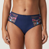 Front view of the PrimaDonna Sedaine Full Brief in Water Blue, floral embroidery and navy sheer tulle.
