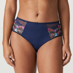 Front view of the PrimaDonna Sedaine Full Brief in Water Blue, floral embroidery and navy sheer tulle.