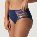 Side view of Sedaine Full Brief by PrimaDonna navy briefs with colourful floral embroidery.