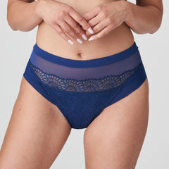 front view of Sophora Full Brief Royal with sheer embroidered tulle and bold tattoo-style detail.