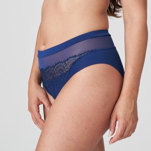 Side view of Royal Sophora full brief showing high waist fit and shimmering tulle embroidery.