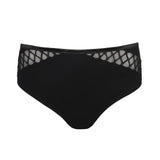 Flat lay of Vya Full Brief by PrimaDonna in Black, highlighting embroidered panels and smooth silhouette.