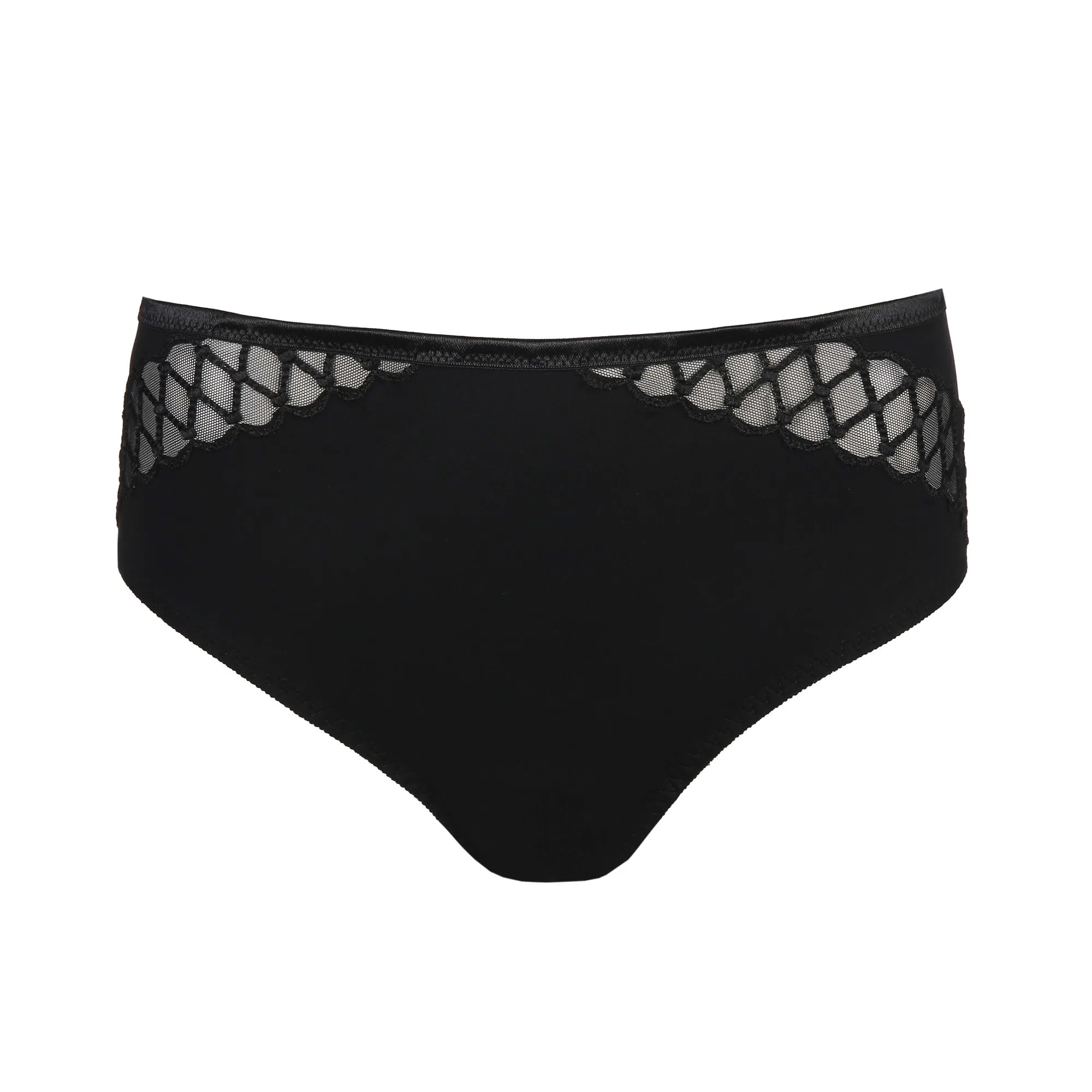 Flat lay of Vya Full Brief by PrimaDonna in Black, highlighting embroidered panels and smooth silhouette.
