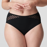 Front view of Model wearing the Vya Full Brief in Black with sheer mesh, high waist, and elegant embroidery detail.