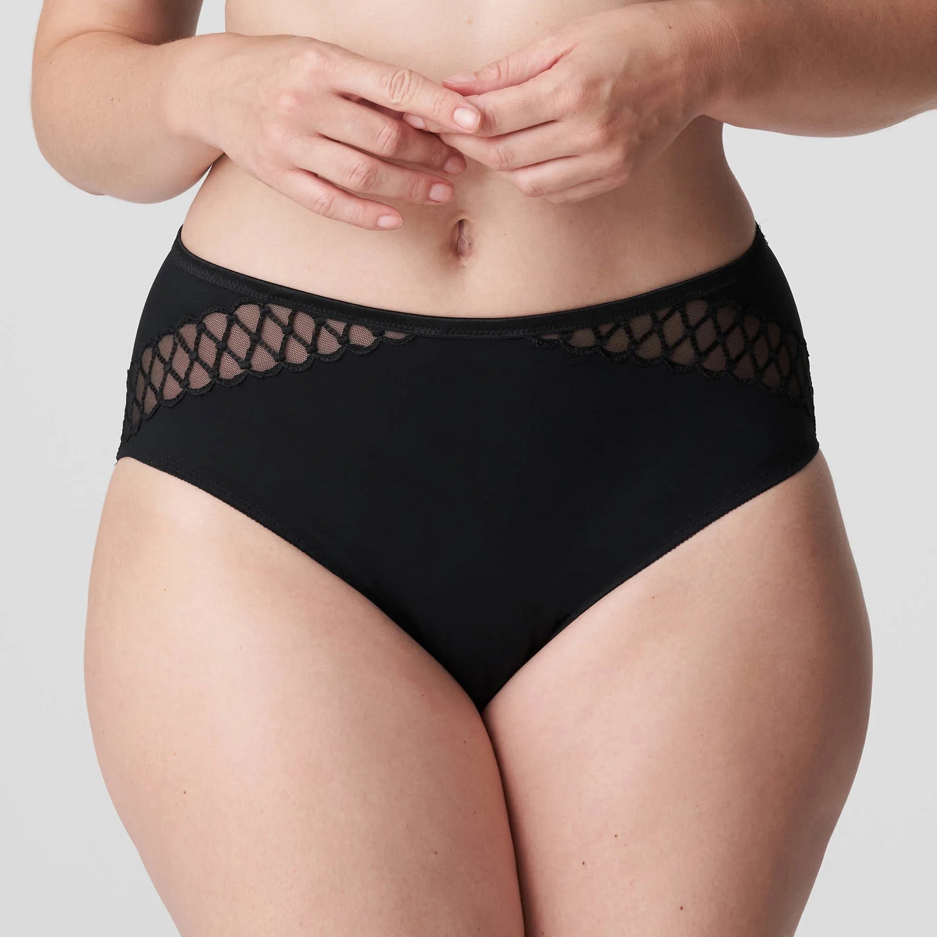 Front view of Model wearing the Vya Full Brief in Black with sheer mesh, high waist, and elegant embroidery detail.