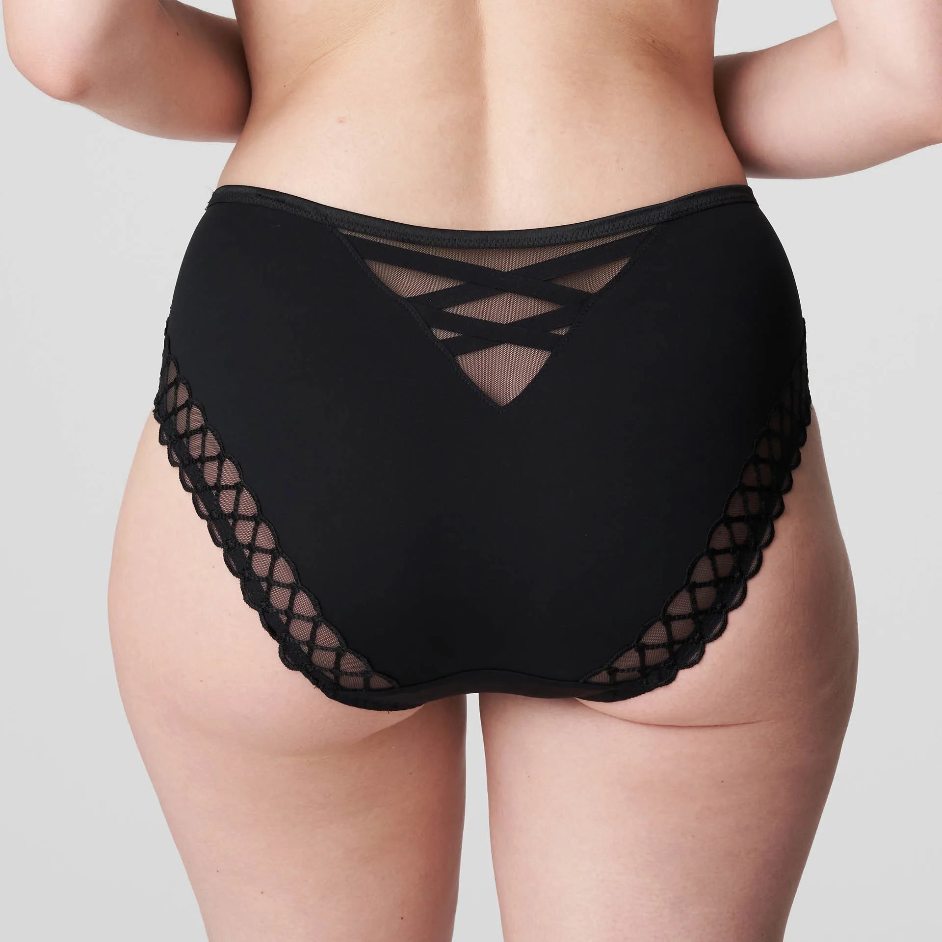 Back view of Vya Full Brief in Black, showcasing sheer lace panel and full coverage design.