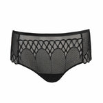 Flat lay of Vya Thong Brief in Black, showing geometric mesh and front embroidery detail.