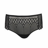 Flat lay of Vya Thong Brief in Black, showing geometric mesh and front embroidery detail.