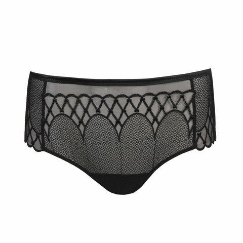 Flat lay of Vya Thong Brief in Black, showing geometric mesh and front embroidery detail.