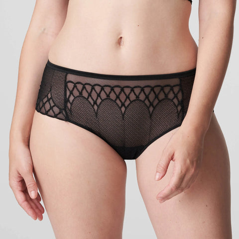 PrimaDonna Vya Luxury Thong Brief in Black, shown on model with sheer embroidered mesh and flattering waistband.
